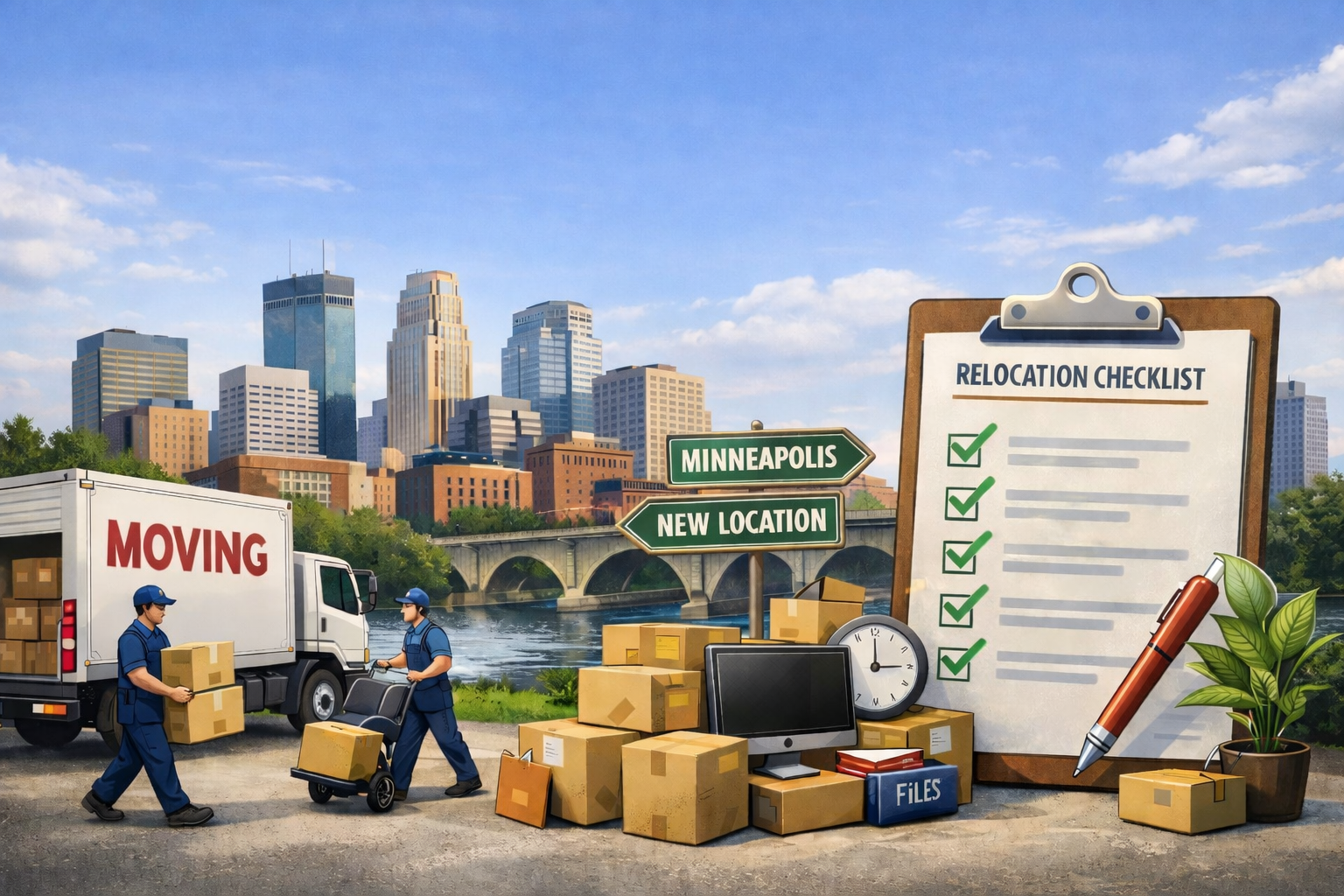 cartoon-style depiction of movers packing a moving van and a moving checklist 
