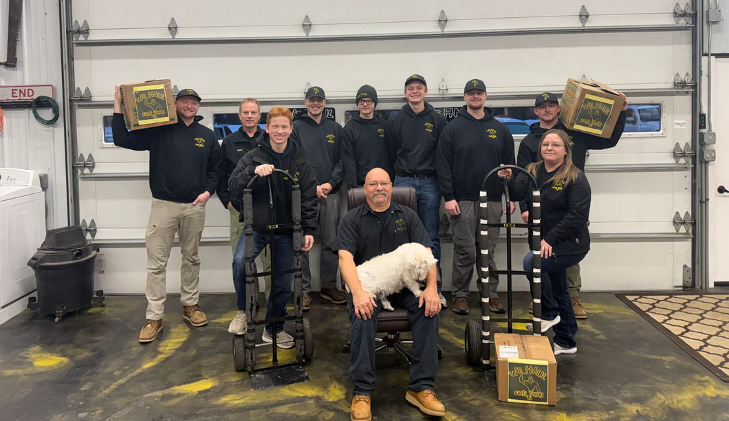 Two photos: volunteers in masks working indoors and outdoors, thumbs up, under a gazebo.