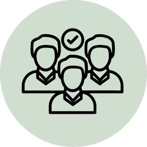 A line drawing of three people in a group with a tick in a circle above them