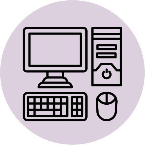 A line drawing of a desktop PC