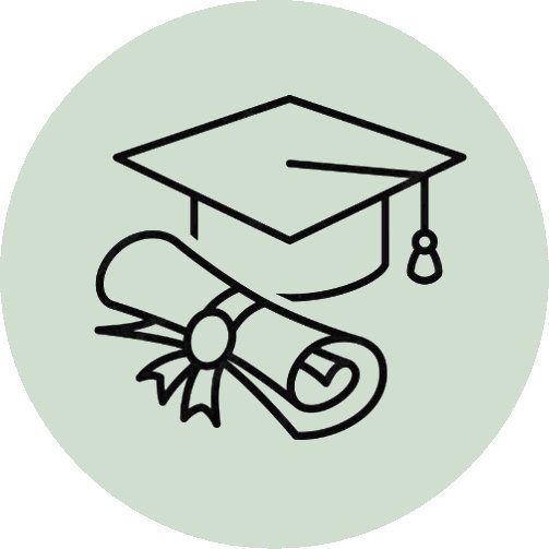 A line drawing of a degree scroll and a mortar board