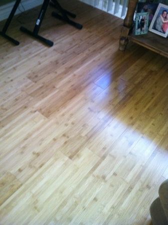 Bamboo hardwood floor, light brown with knots, reflecting bright light.