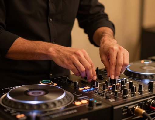 Un DJ regola i controlli di un mixer e di un giradischi in uno studio illuminato da una luce calda.