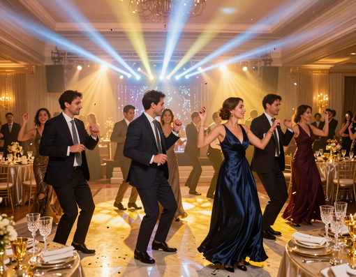 Persone che ballano durante un ricevimento formale in una sala da ballo, sotto le luci brillanti del palcoscenico.