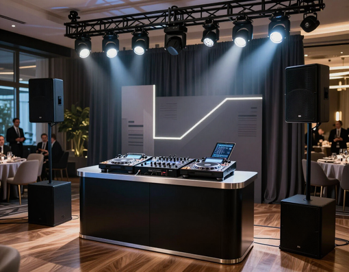 Postazione da DJ con giradischi e altoparlanti su un palco illuminato da potenti riflettori in una location per eventi.