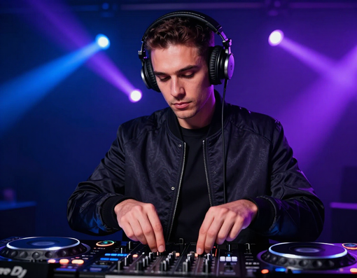 Il DJ, con le cuffie in testa, mixa musica su un giradischi sotto le luci viola del palco.