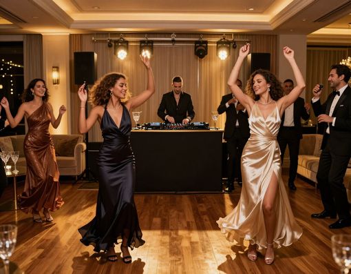 Gli ospiti ballano durante un ricevimento formale, con un DJ e una calda illuminazione da sala da ballo.