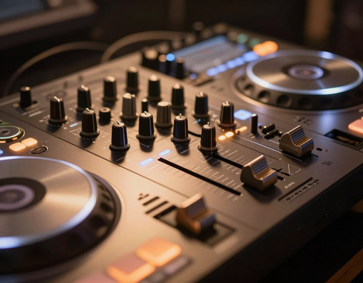 Primo piano di un controller per DJ con jog wheel, manopole e pulsanti luminosi su una superficie scura
