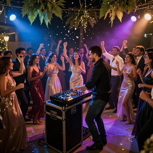 DJ mixa musica in una festa vivace, con gli ospiti che ballano sotto calde luci a catena e colorate luci di scena.