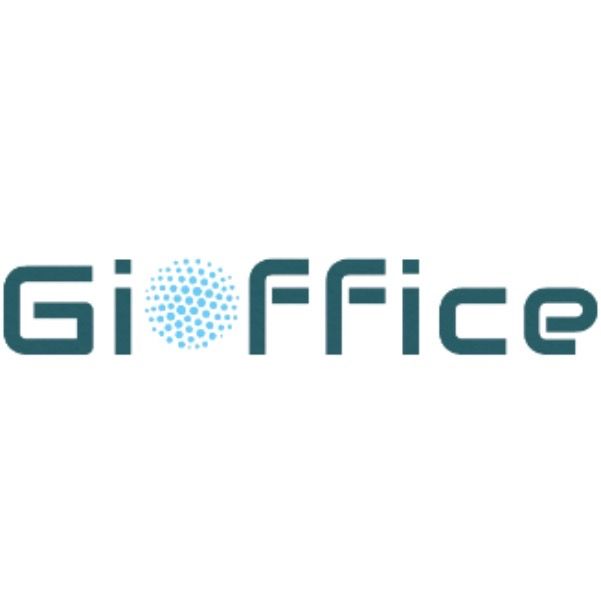 Logo GiOffice in verde acqua con un cerchio blu punteggiato che forma la 