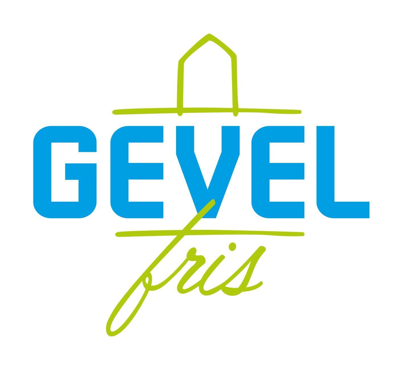 Logo voor Gevel Fris, blauwe tekst met groene details en een gestileerde huisomtrek.