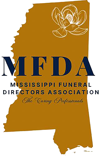 The mississippi funeral directors association logo is a map of mississippi with a flower on it.
