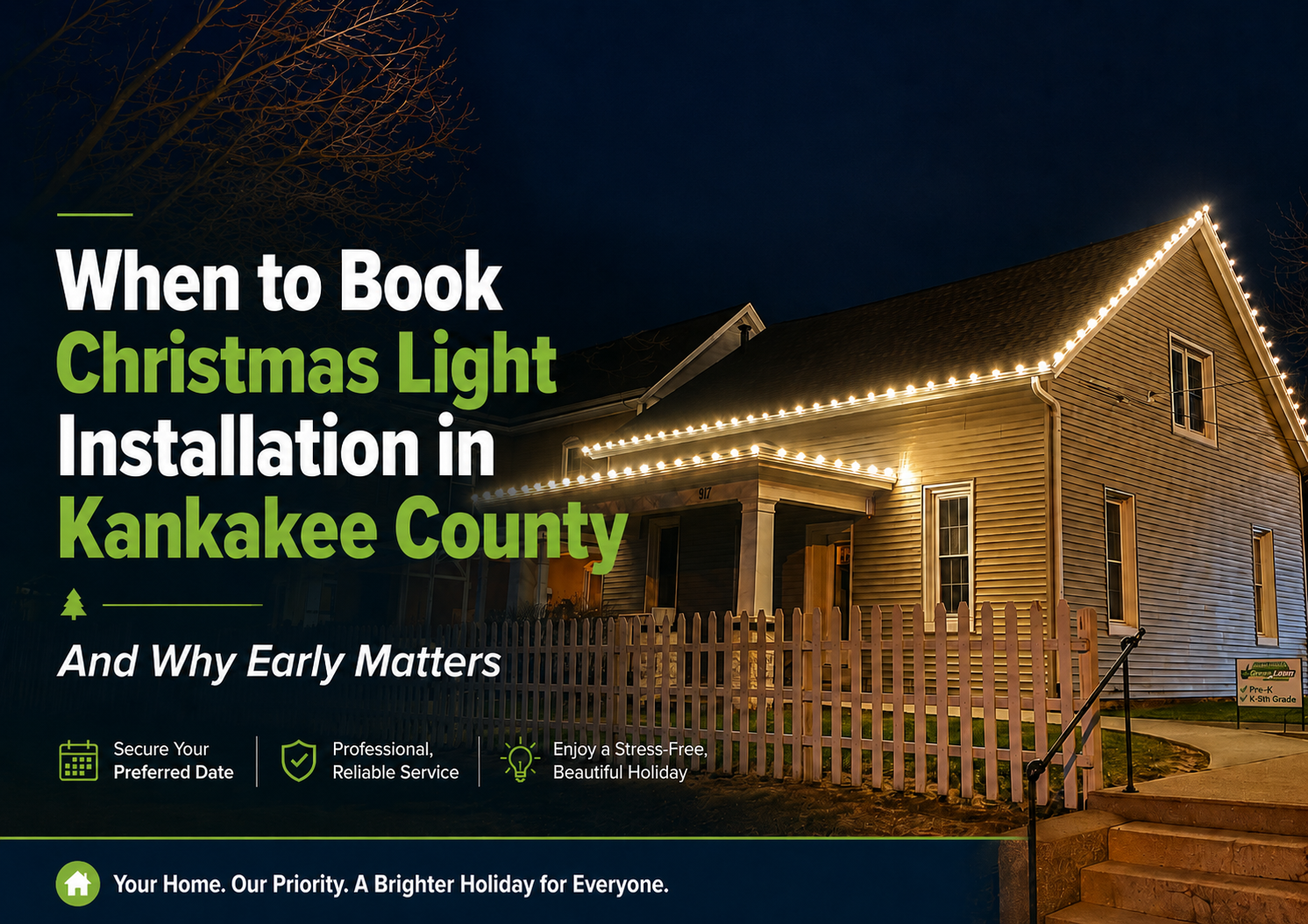 Winter home with Christmas lights and text about booking light installation in Kankakee County
