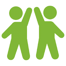 Two green people are standing next to each other with their hands in the air.