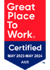 A red and blue banner that says `` great place to work certified ''.