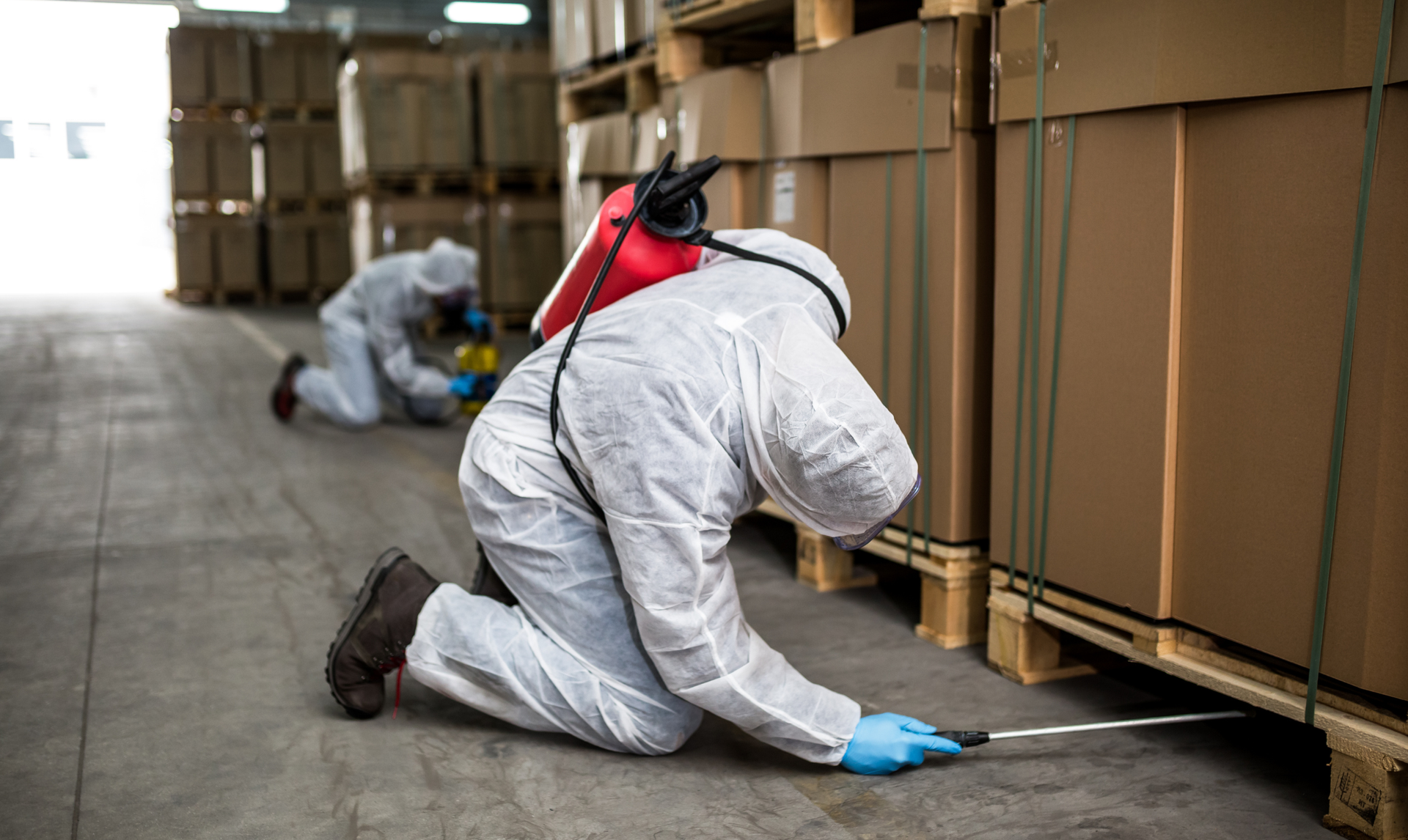 Two people in protective suits spraying insecticide in a warehouse.