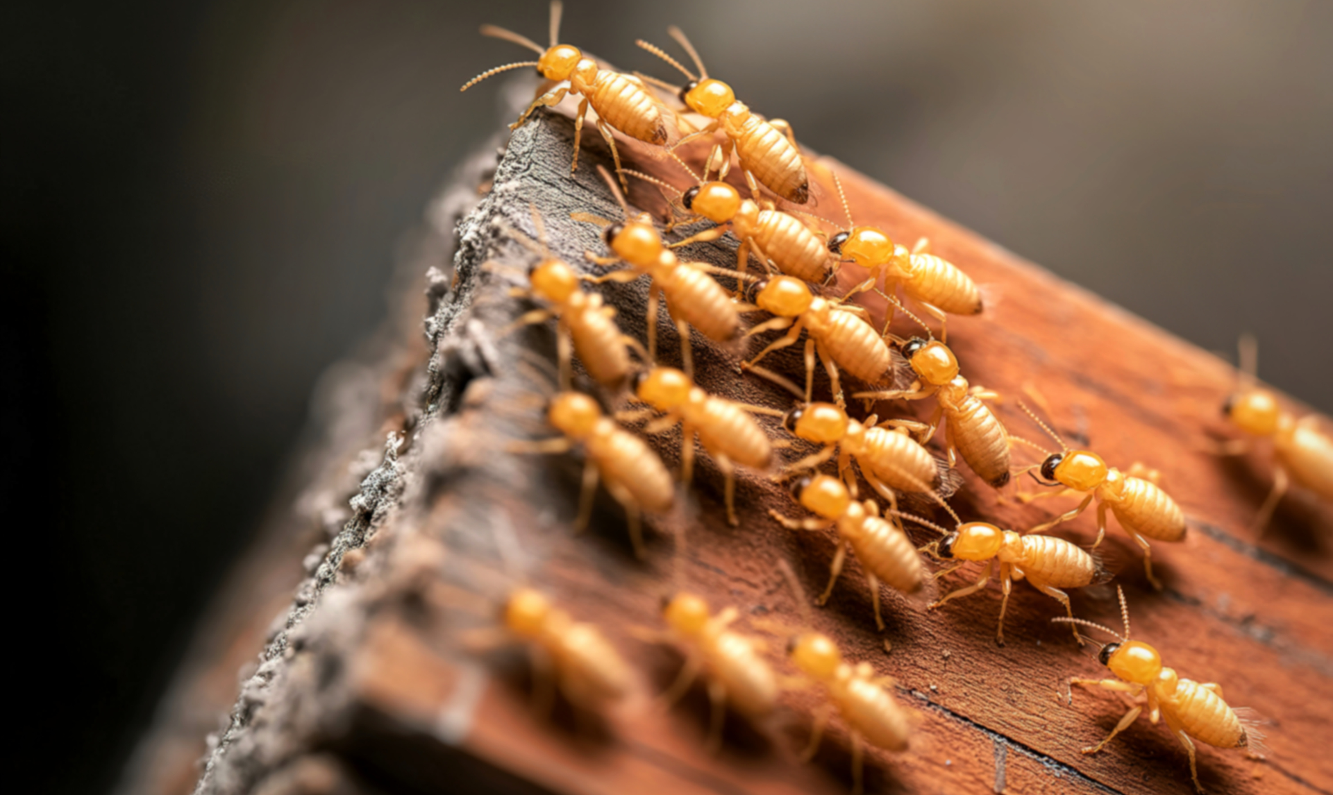 Termites clustered on a wooden corner.