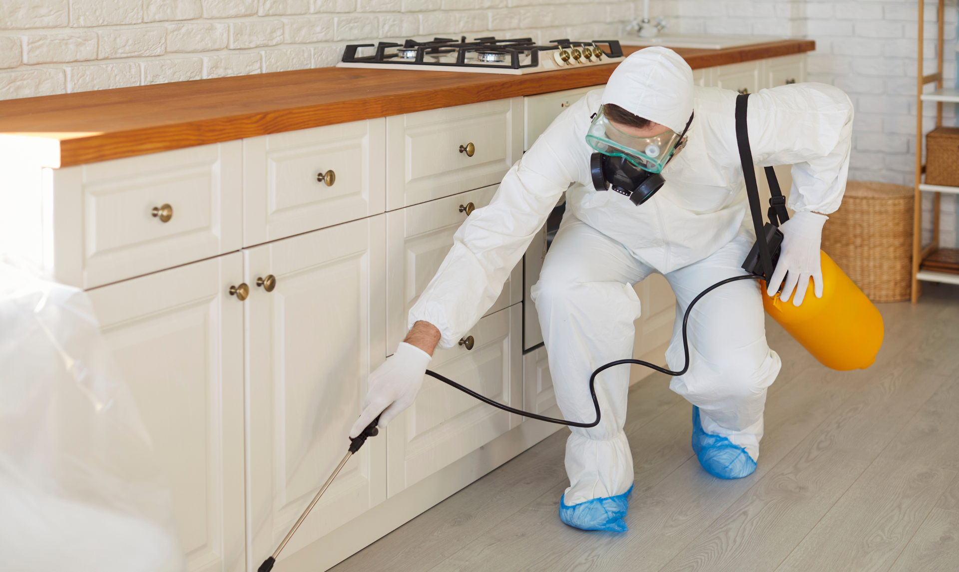 Person in protective suit spraying insecticide in a kitchen.