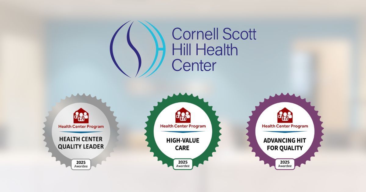 Cornell Scott Hill Health Center logo with three awards: Quality, Care, and Affirming Equality.