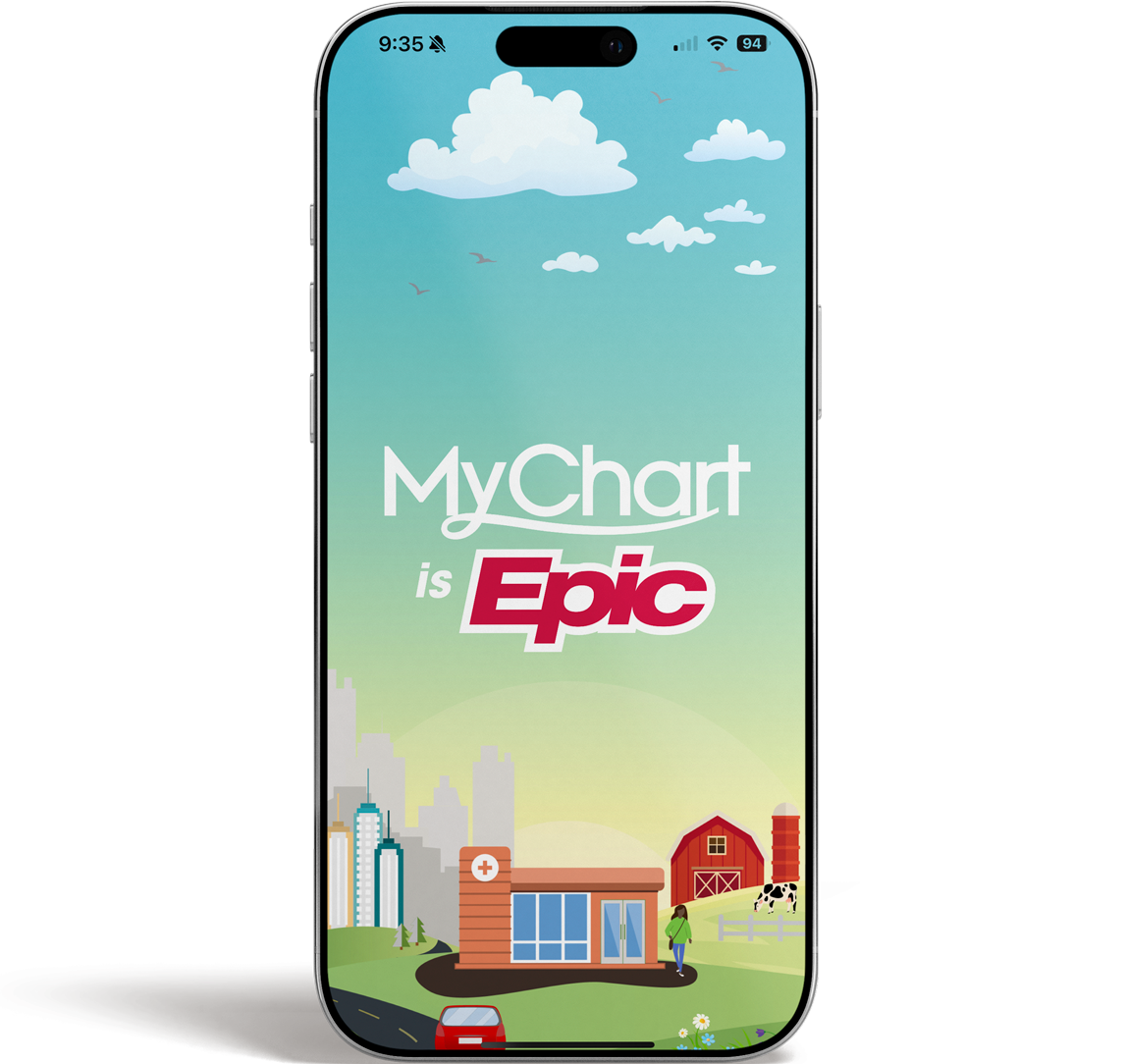 Smartphone screen with MyChart logo, colorful farm scene, and the text