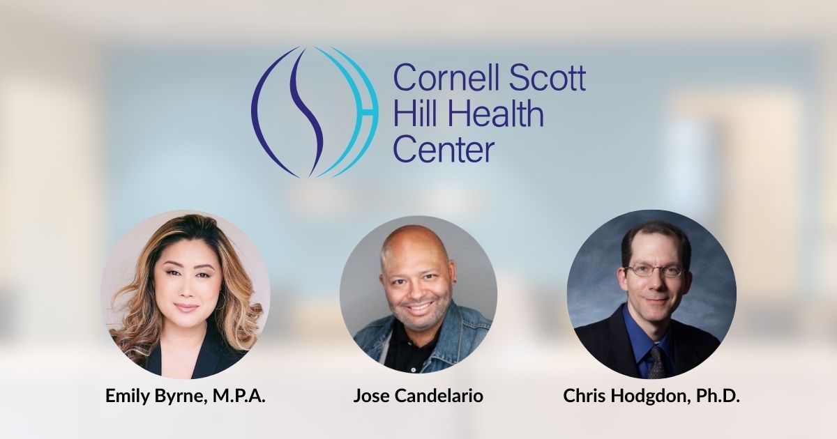 Cornell Scott Hill Health Center logo with headshots Emily Byrne, Jose Candelario, Chris Hodgdon