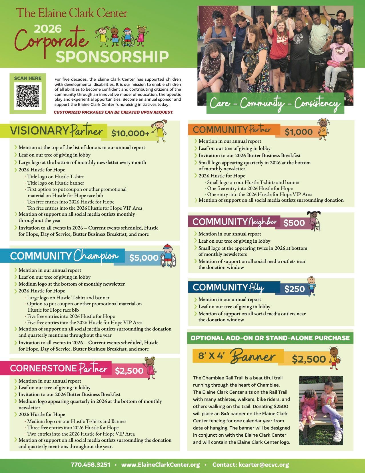 Elaine Clark Center sponsorship proposal: floral background, photos of people, purple accents, text.