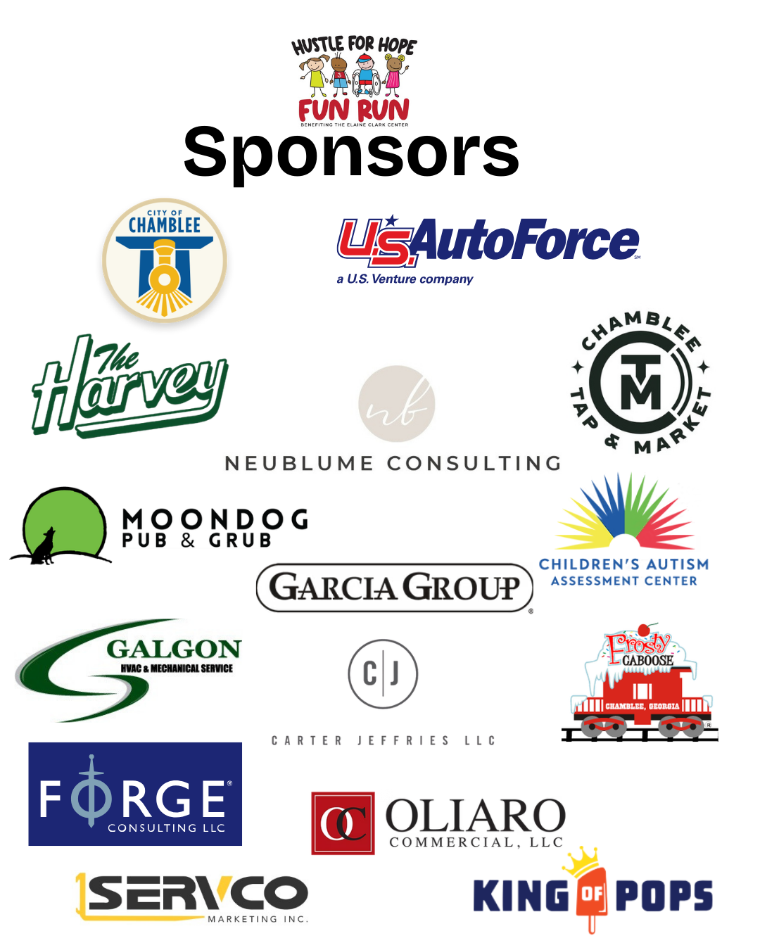 Sponsorship list for the Chamblee Fun Run featuring various business logos, including US AutoForce, Forge, and King of Pops.