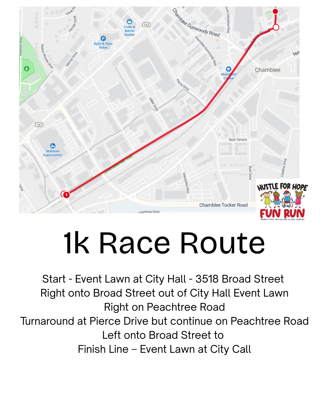 Map of 1k race route starting at City Hall and going on Peachtree Road, with directions.