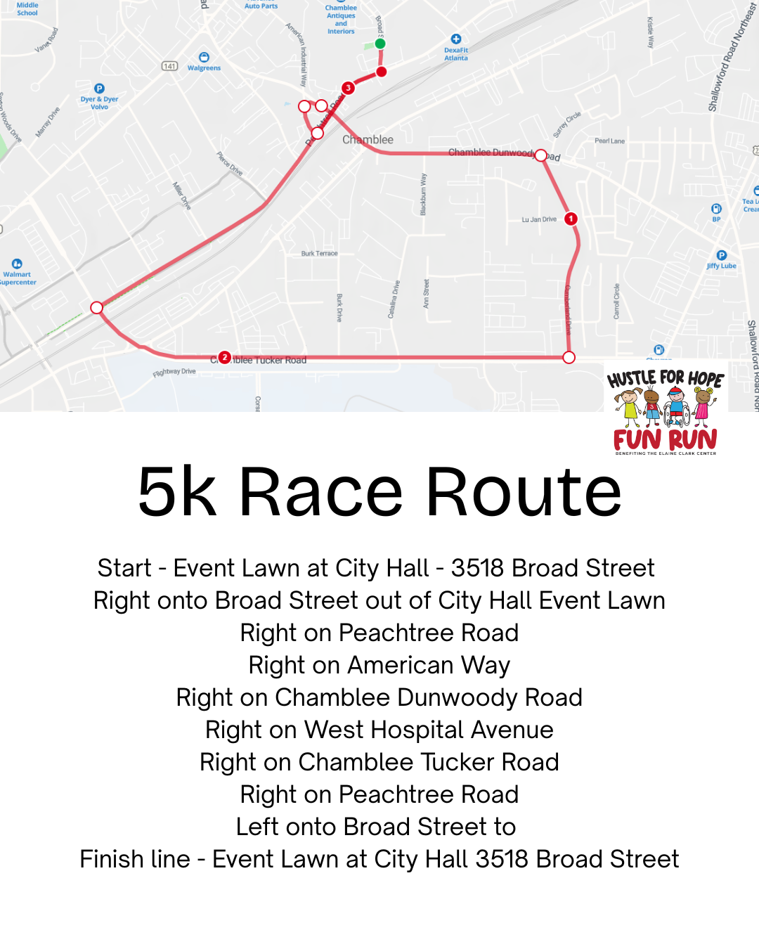 Map of a 5K race route starting and ending at City Hall, highlighting street directions in red.