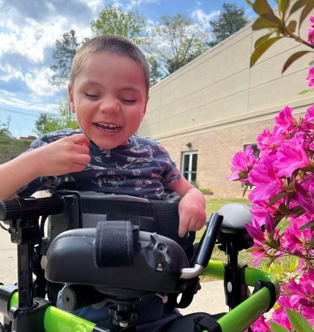 Boy in a wheelchair smiling at pink flowers, reaching out with his hand.