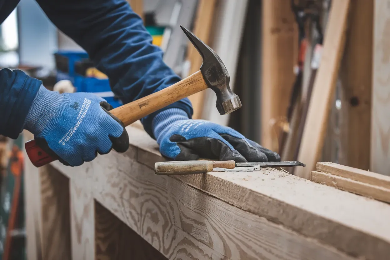 A man is hammering a nail into a piece of wood.