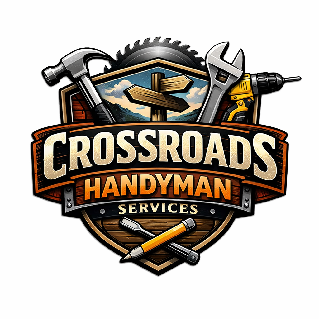 Logo for Crossroads Handyman Services featuring a shield, tools, and a wooden signpost.