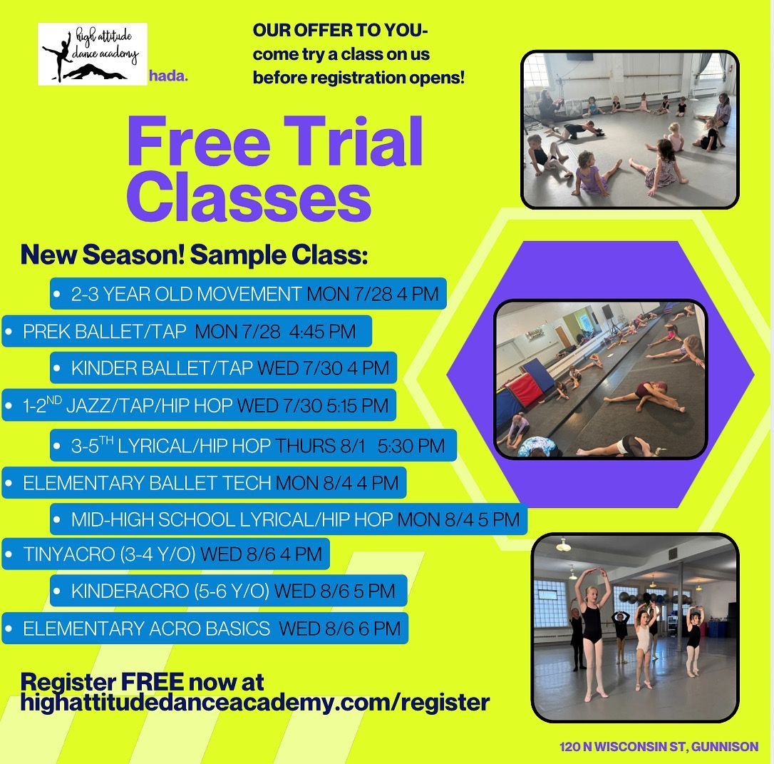 Dance academy advertisement. Offering free trial classes, with class times listed. Features photos of dancers in a studio.