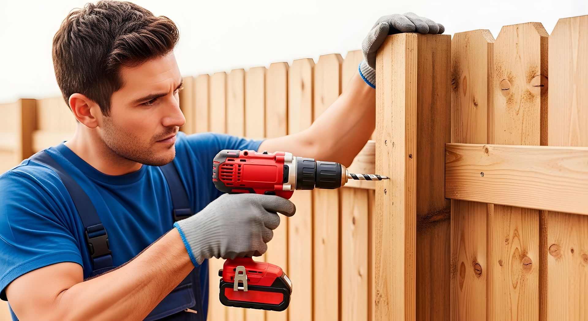 Professional fencing services installing a wooden privacy fence using power tools. Professional fencing services installing a wooden privacy fence using power tools.