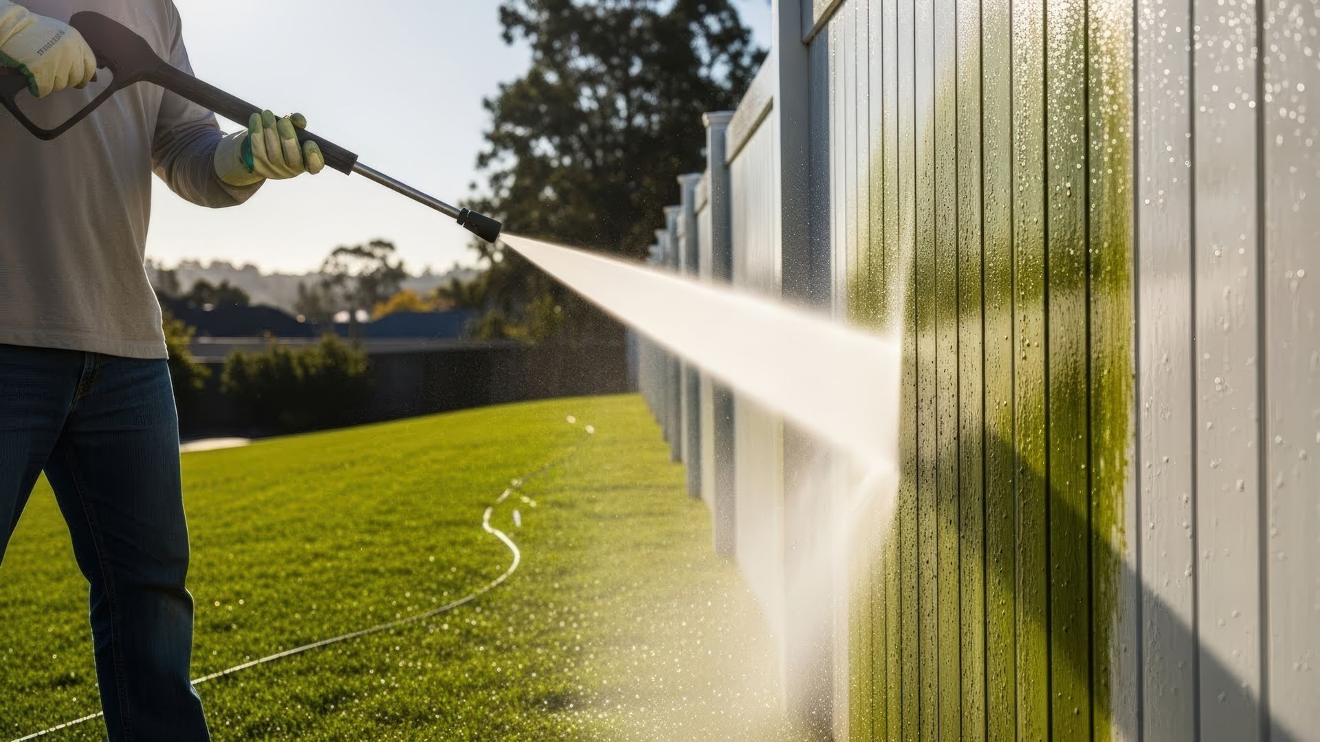 Person using a pressure washer to clean green buildup from a fence along a grassy yard.