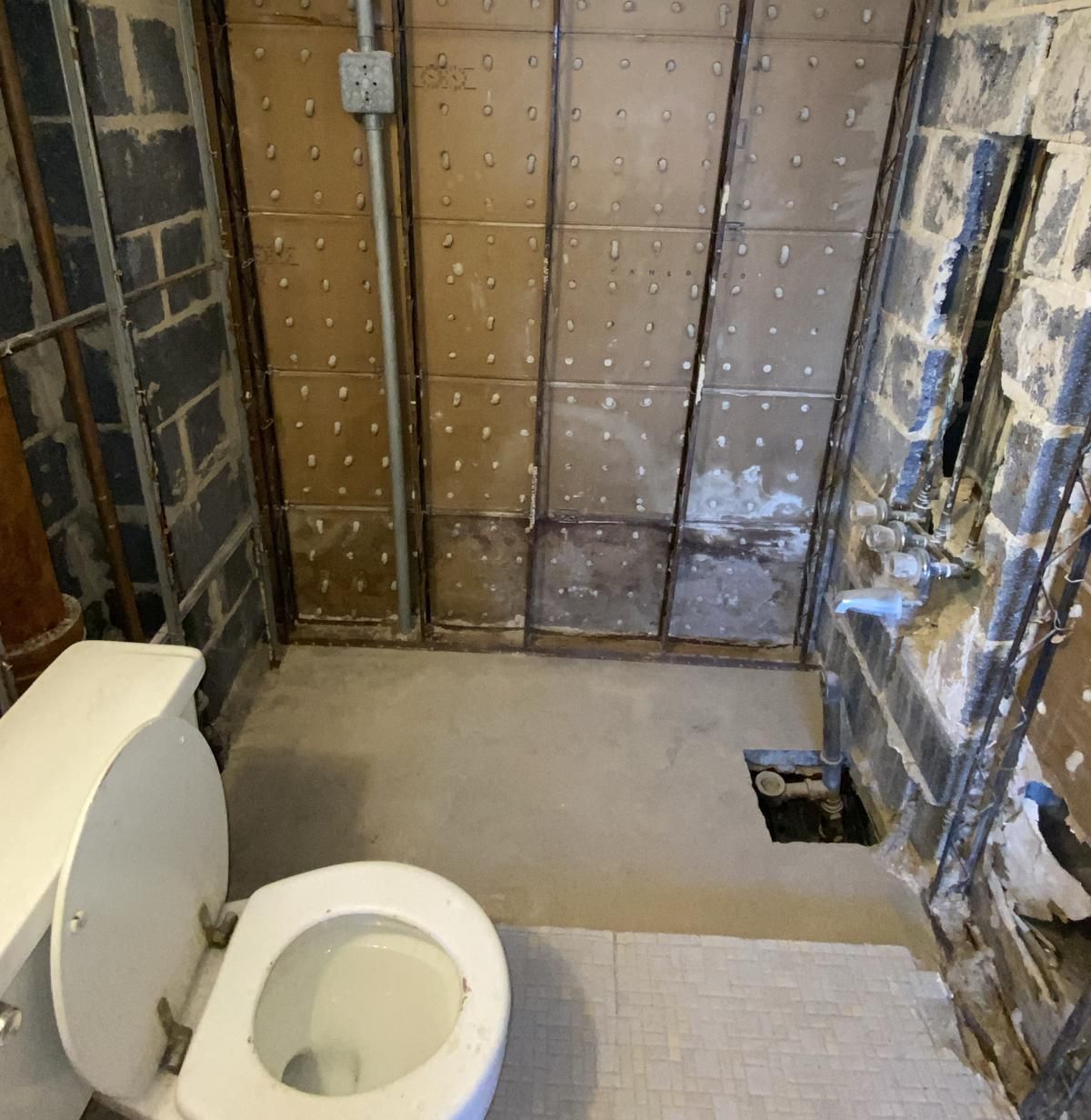 A bathroom with a toilet and a brick wall