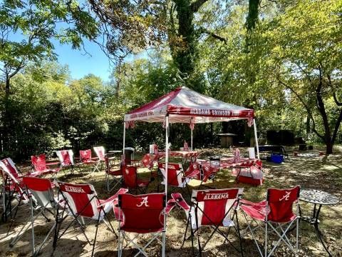 A group of red and white folding chairs are sitting under a canopy in a park.