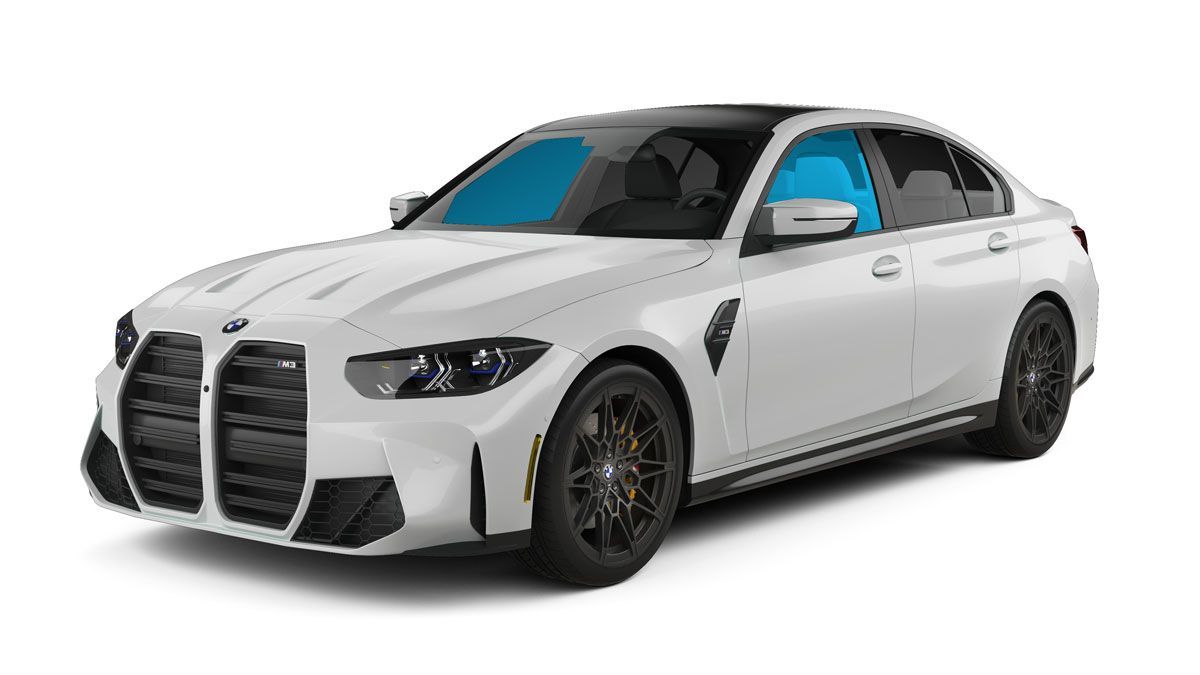 White BMW sedan with black rims on a white background, front three-quarter view