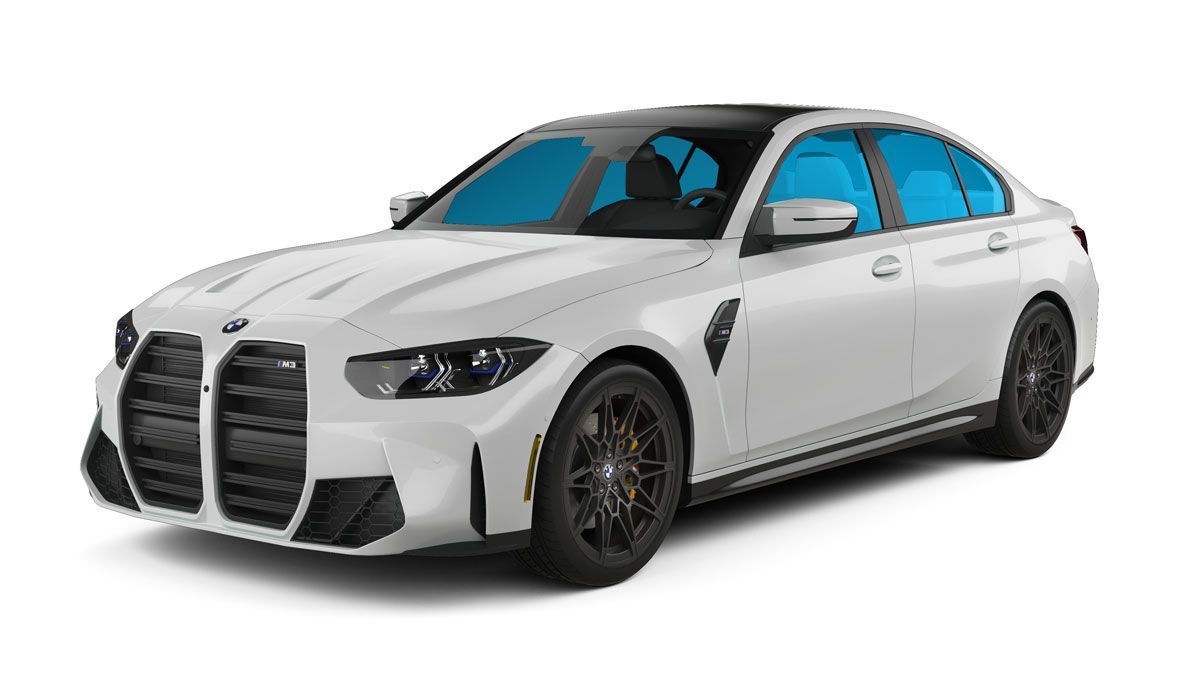 White BMW sedan with black rims, shown on a white background from a front three-quarter view