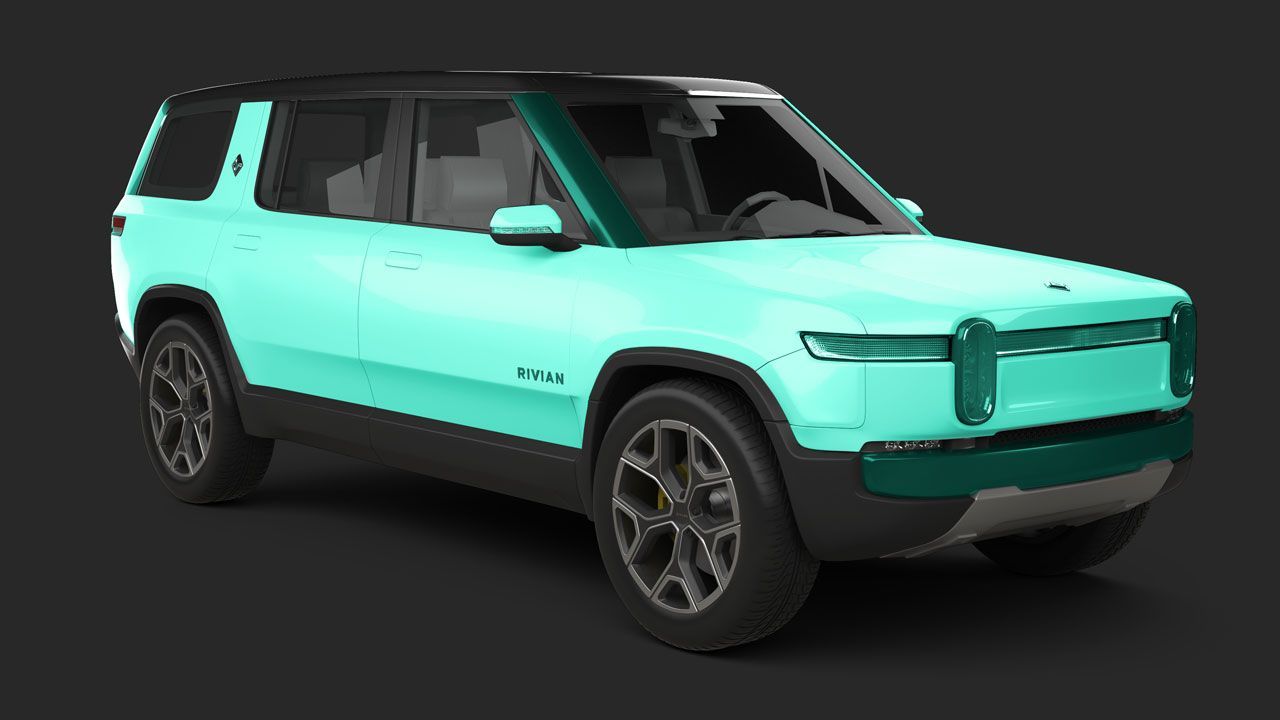 Turquoise electric SUV on a dark background, shown in three-quarter front view.