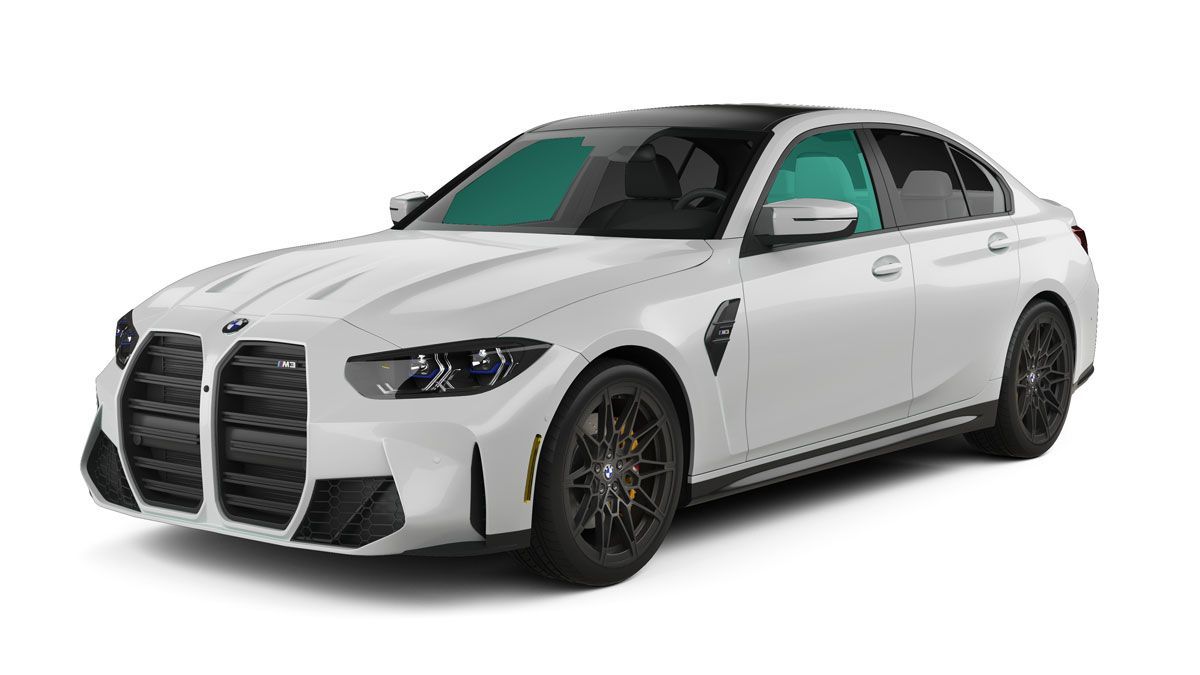 White BMW sedan on a white background, shown from the front-left angle.