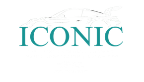 Teal &ldquo;ICONIC&rdquo; logo with a faint outline of a car above it.