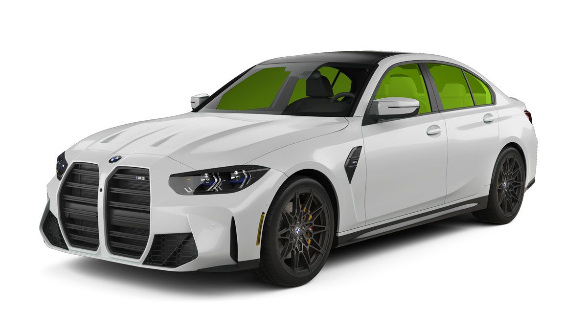 White BMW sedan on a white background, shown in front-left view with black grille and green-tinted windows