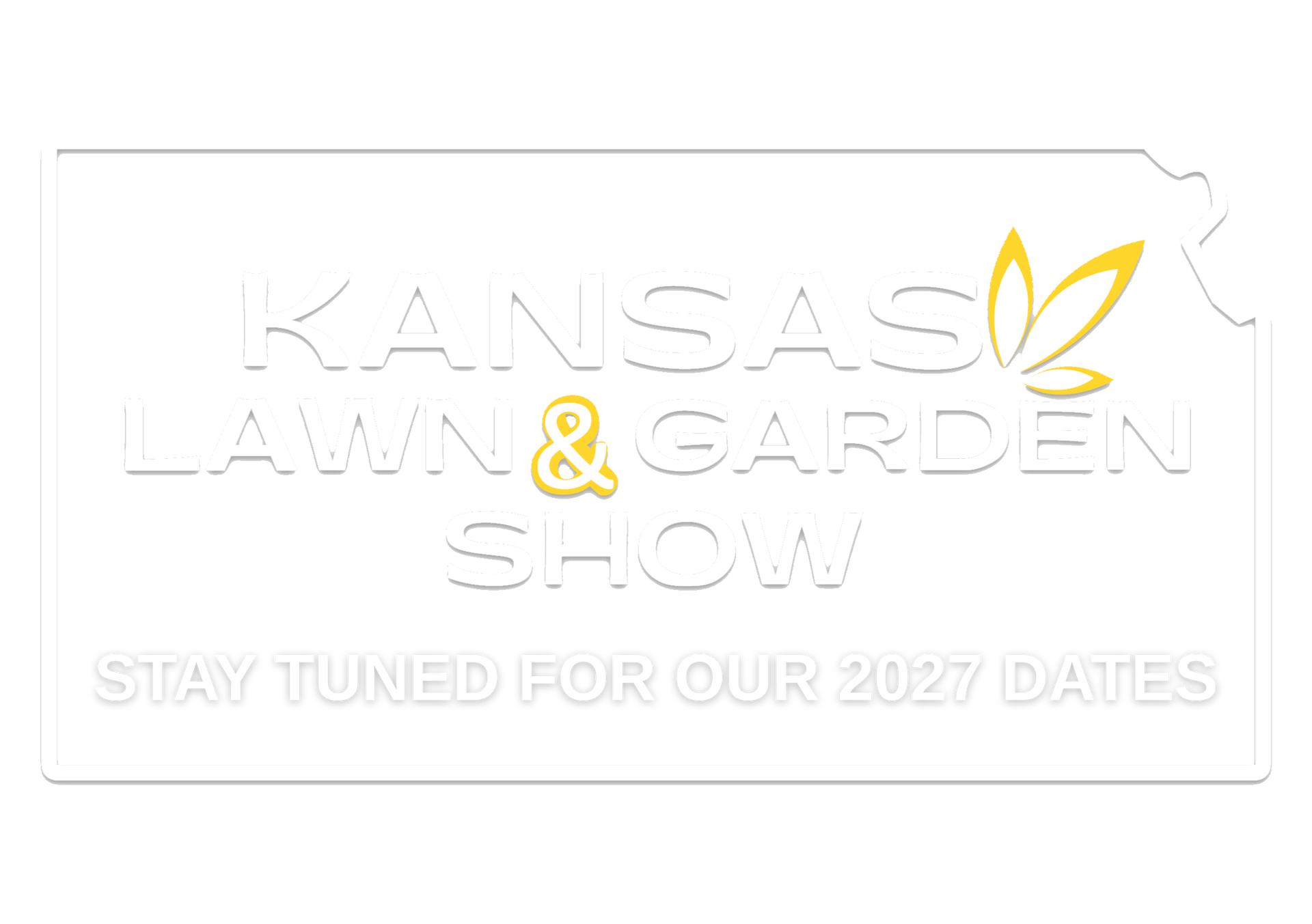 Kansas Lawn & Garden Show logo. White text on a white Kansas outline, with yellow accents.