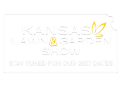 Kansas Lawn & Garden Show logo. White text on a white Kansas outline, with yellow accents. 