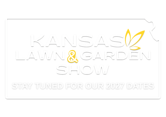 Kansas Lawn & Garden Show logo. White text on a white Kansas outline. Announcing 2027 dates.