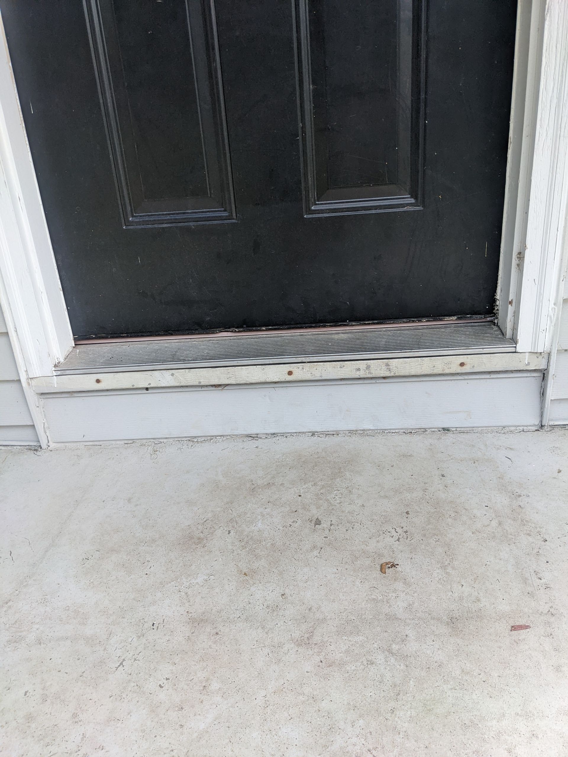 A black door with a white trim and a metal step.