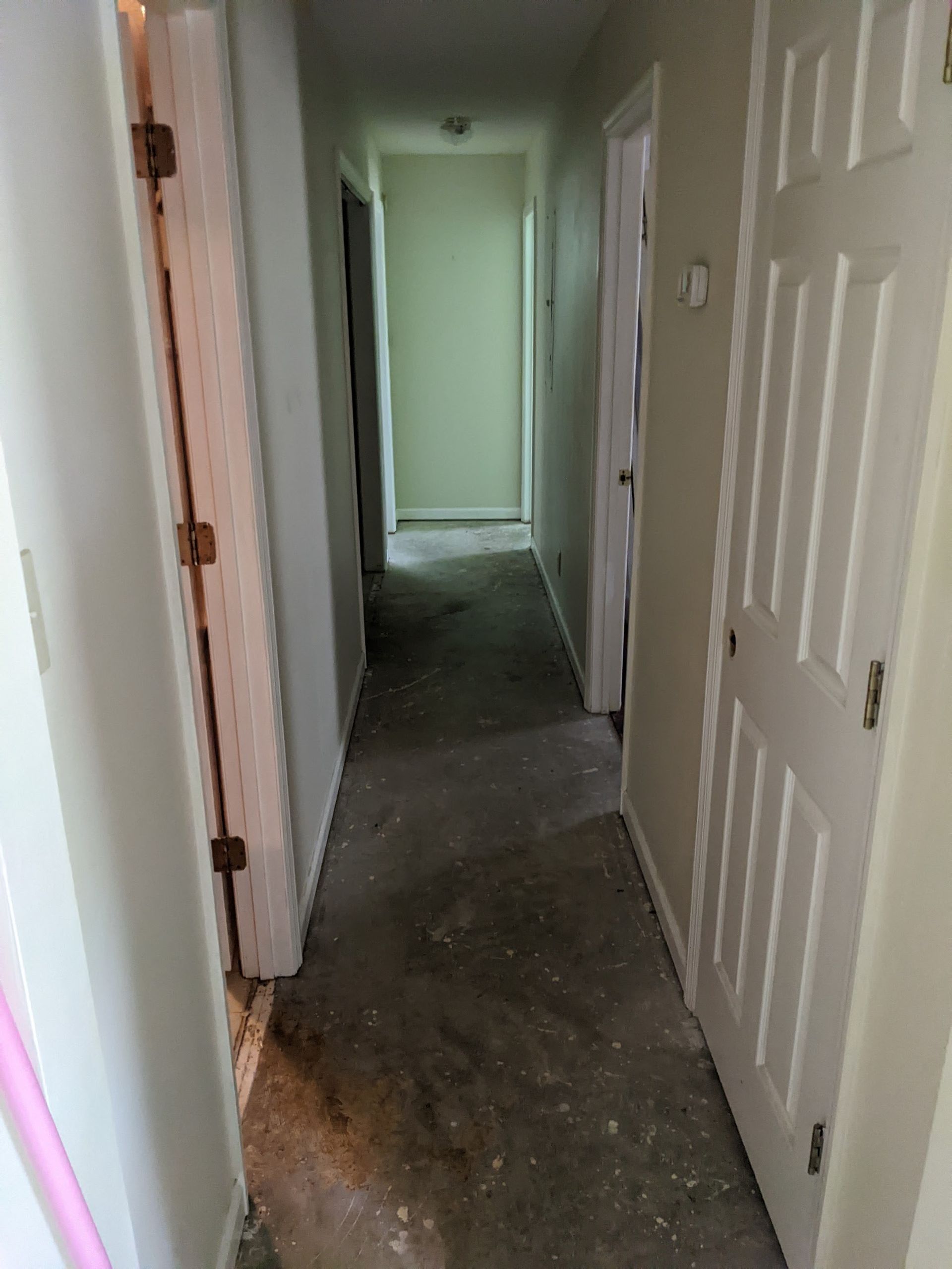 A long hallway with white doors and a pink mop.