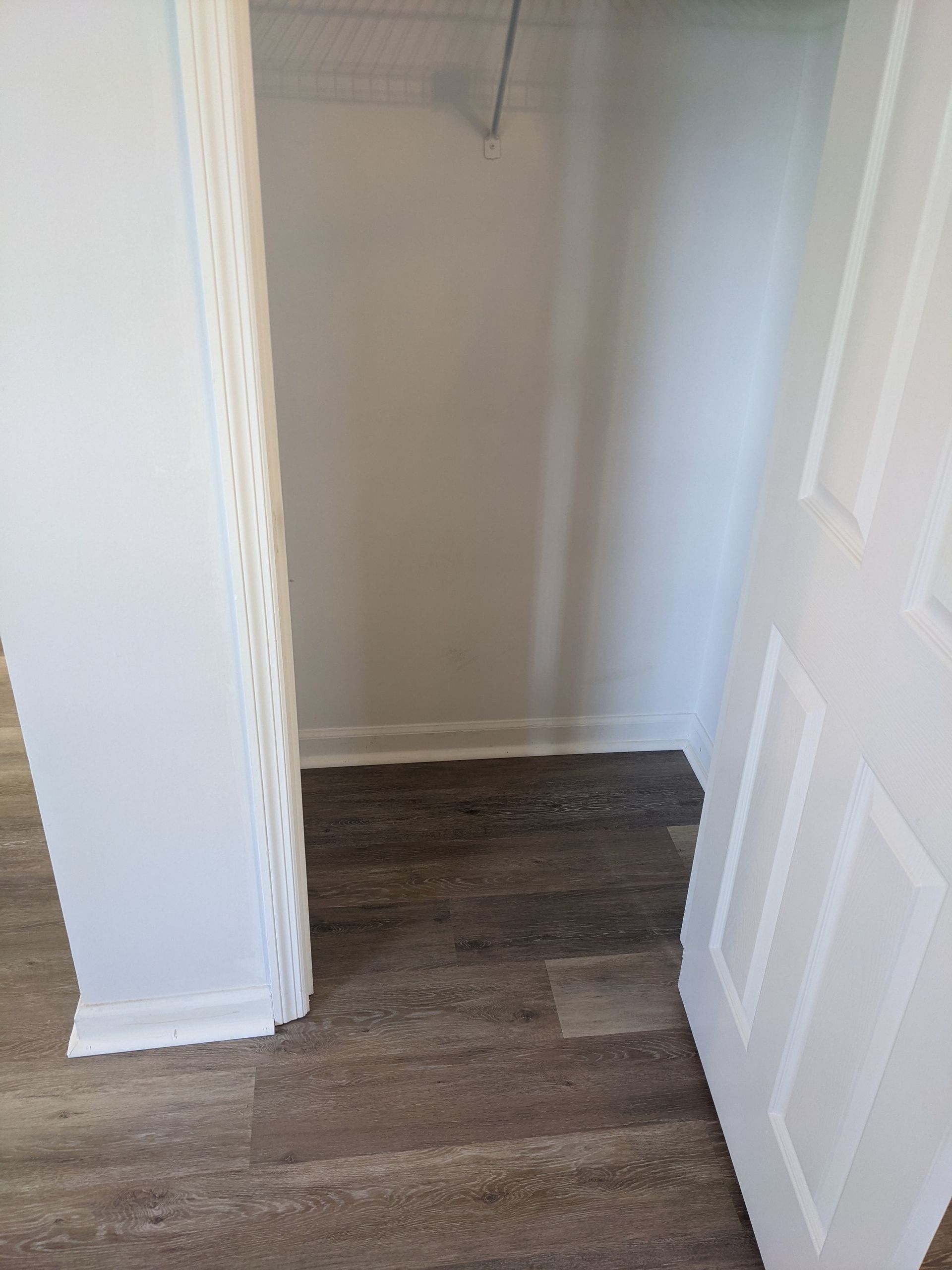 A closet with a wooden floor and a white door.
