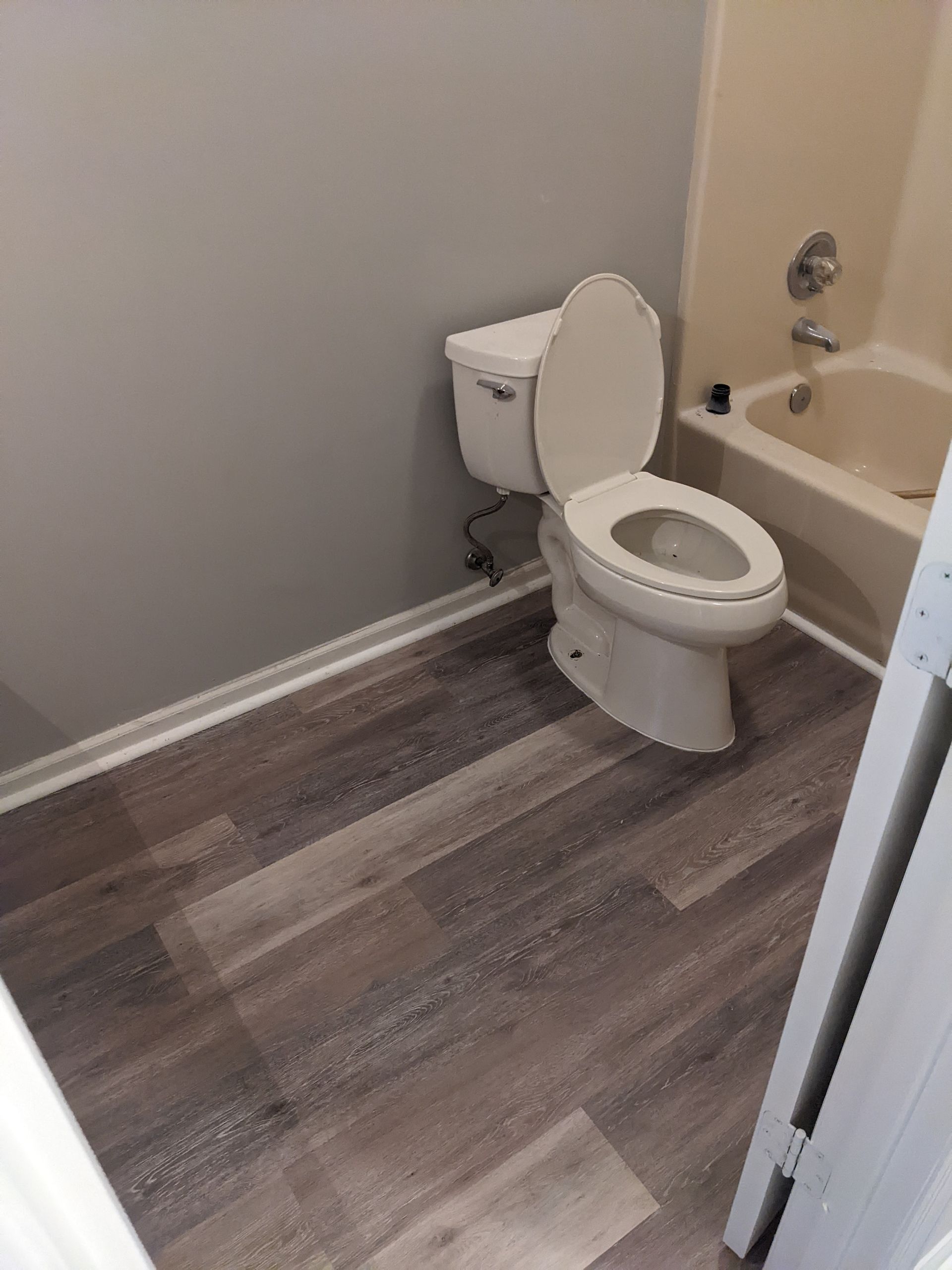 There is a toilet and a bathtub in the bathroom.